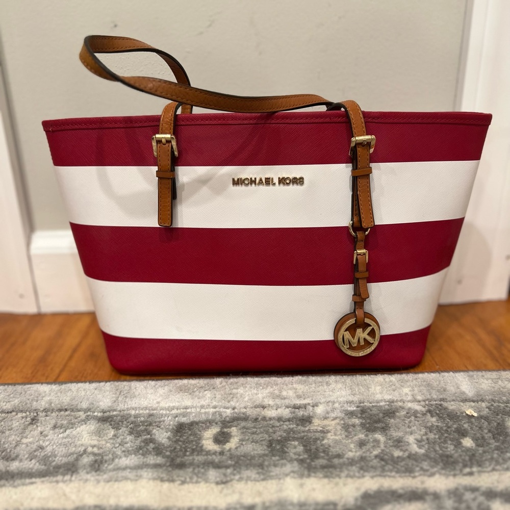 Michael Kors MK small red/white striped satchel bag